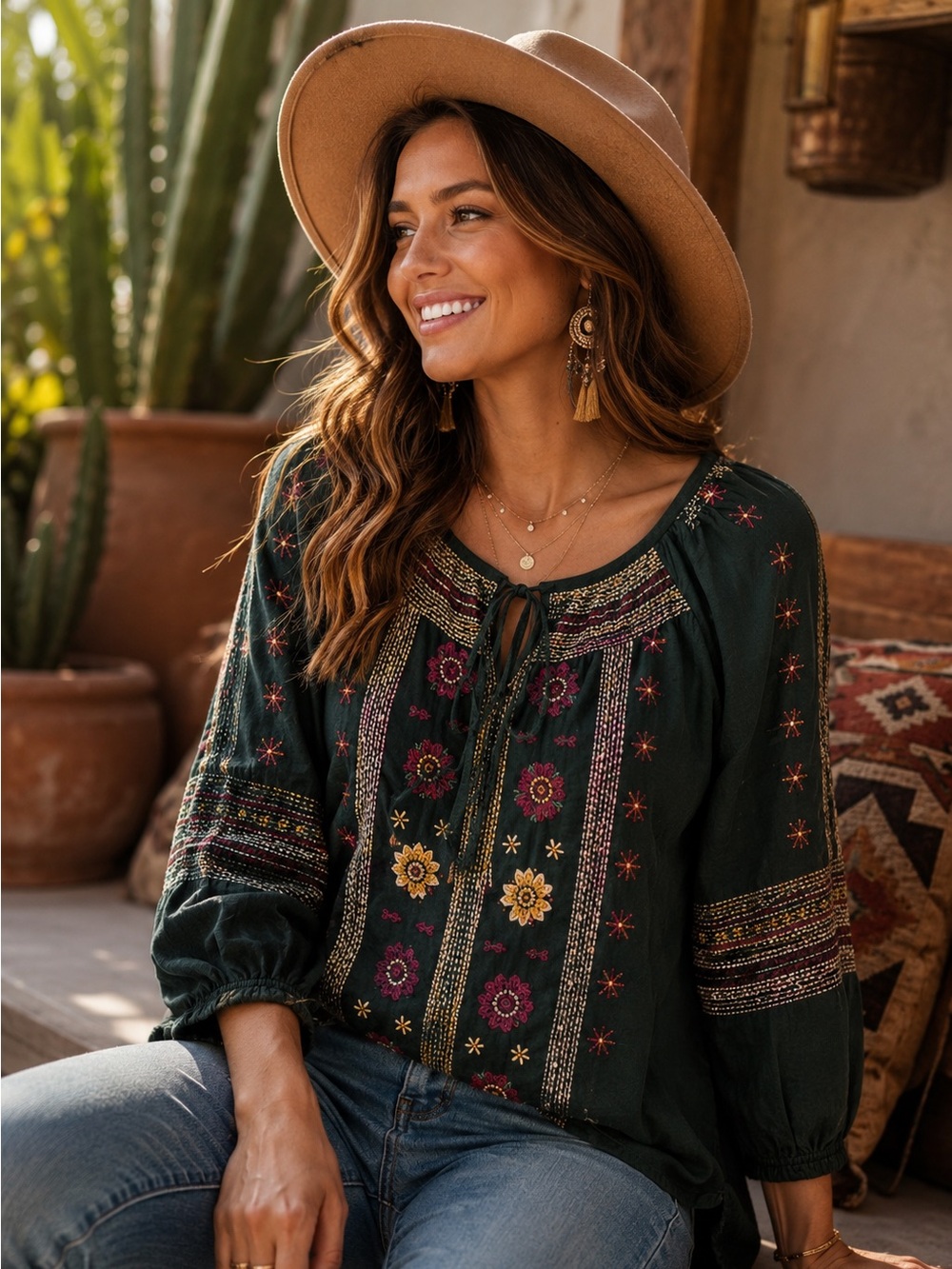 Johnny Was 3T Workshop Dark Green Floral Embroidered Gauze Boho Peasant Blouse